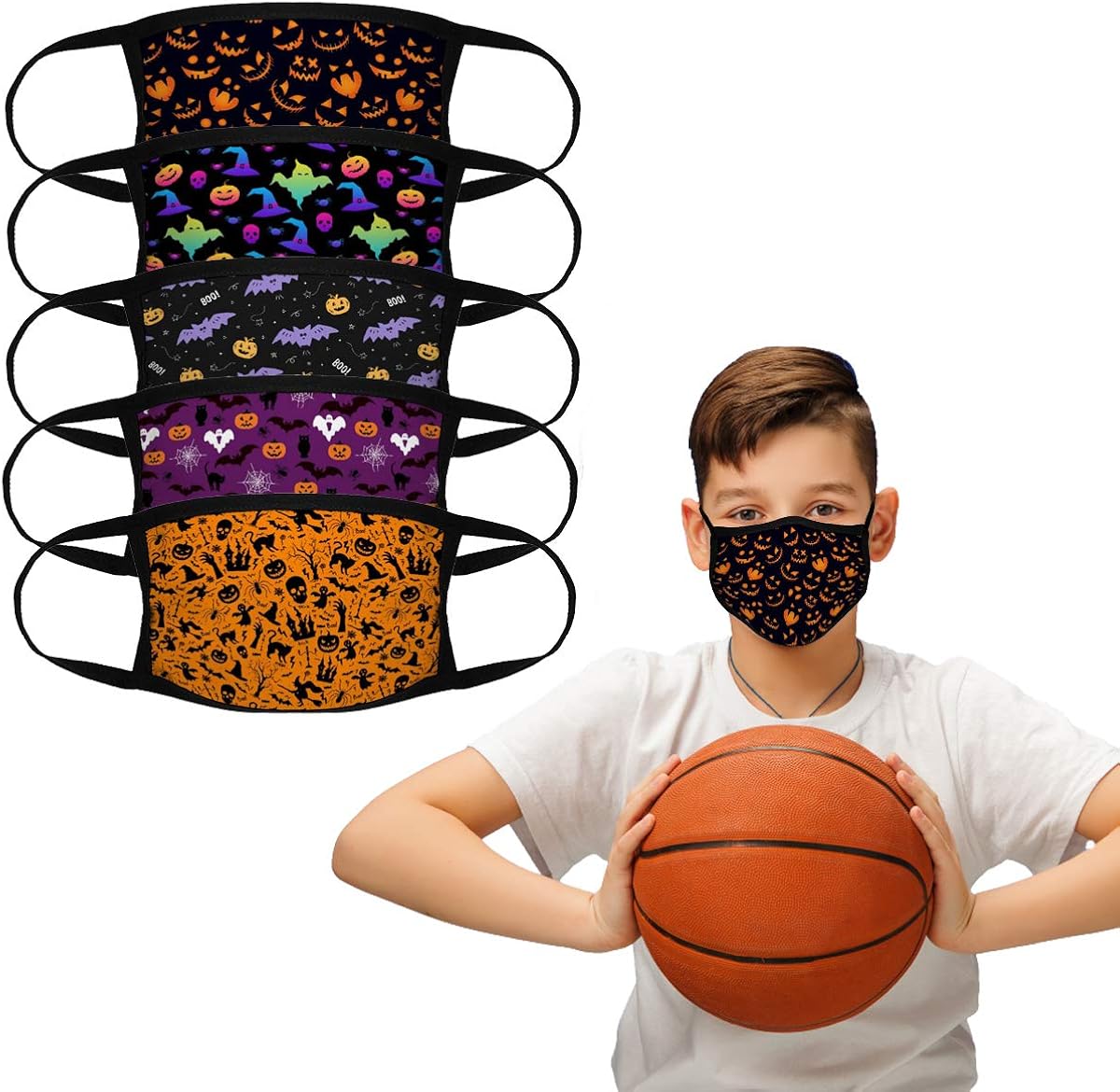 5PCS Big Kids Halloween Face Mask Bandana Reusable Washable School Students Cover Breathable Dust Covering for Youth Boys and Girls: Clothing