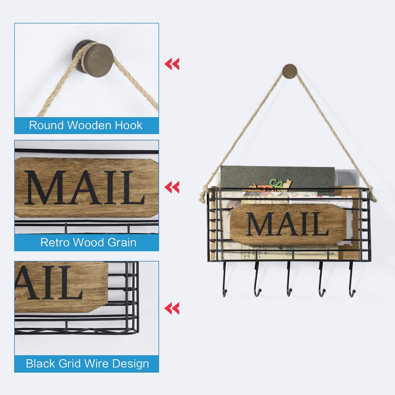 SRIWATANA Mail Key Holder, Mail Organizer Wall Mount, Small Size Hanging Mail Letter Basket with 5 Hooks, Carbonized Black: Home & Kitchen