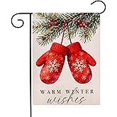 Christmas Garden Flag 12.5x18 Inch Double Sided Outside, Warm Winter Wishes Gloves Yard Outdoor Flag