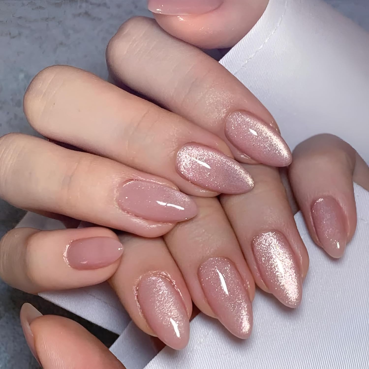 Nude Pink Press on Nails With Cat Eye Designs Short Medium Almond Shaped Acrylic Fake Nails Glue on Glossy Full Cover Artificial Gel False Stick on Nail for Girls Women 24Pcs