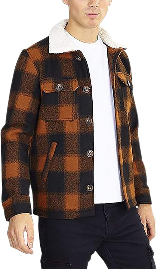 BRAVE SOUL Mens Black and Orange Check Lined Collar Button