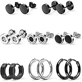 8 Pairs Black Hoop Earrings Men, Stainless Steel Men's Hoop Earrings, Unisex Earring for Daily Wear (Black & Silver)