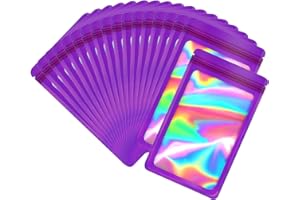 EONJOE 100-pack 2×2 inch mylar bags with clear window holographic resealable sealable packaging zip bag for small bussiness jewelry candy sample food packing supplies （Dark purple）