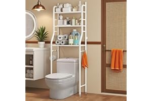 MilleLoom 3 Tiers Over The Toilet Shelf, Metal Floor-Standing Toilet Shelf with Removable Towel Hooks&Paper Holder, for Bathr