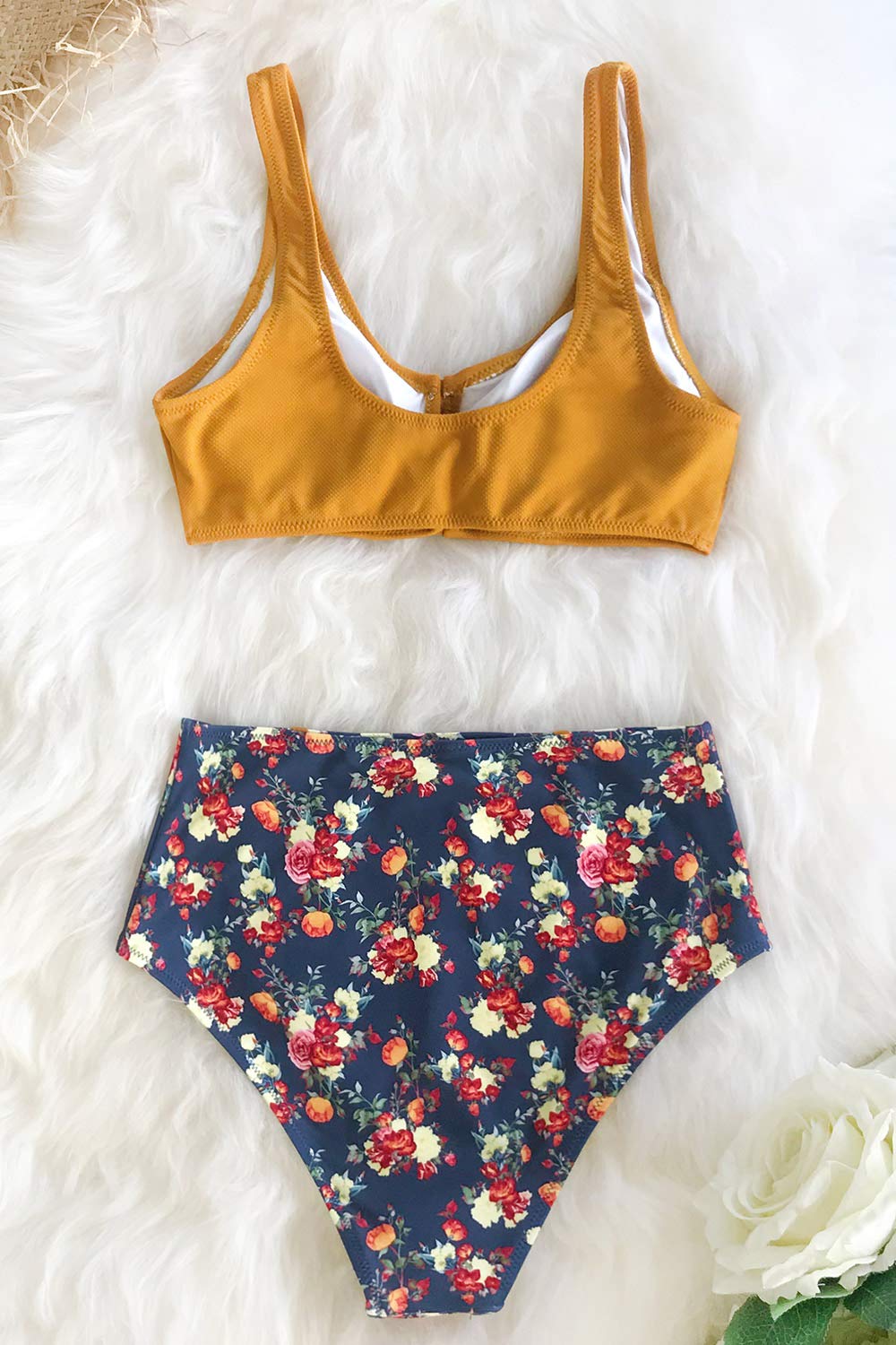 CUPSHE Women's Caramel Buttons High Waist Floral Two Piece Bikini Set