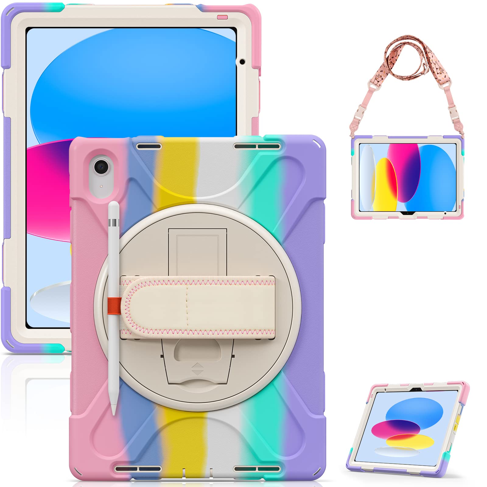 Gerutek for iPad 11th/10th Generation Case, Case 11th/10th Generation Shockproof with 360 Rotating Hand Strap, Adjustable Stand&Shoulder Strap,Heavy Duty Rugged iPad 11th/10th Gen Cover,Pink — image 1