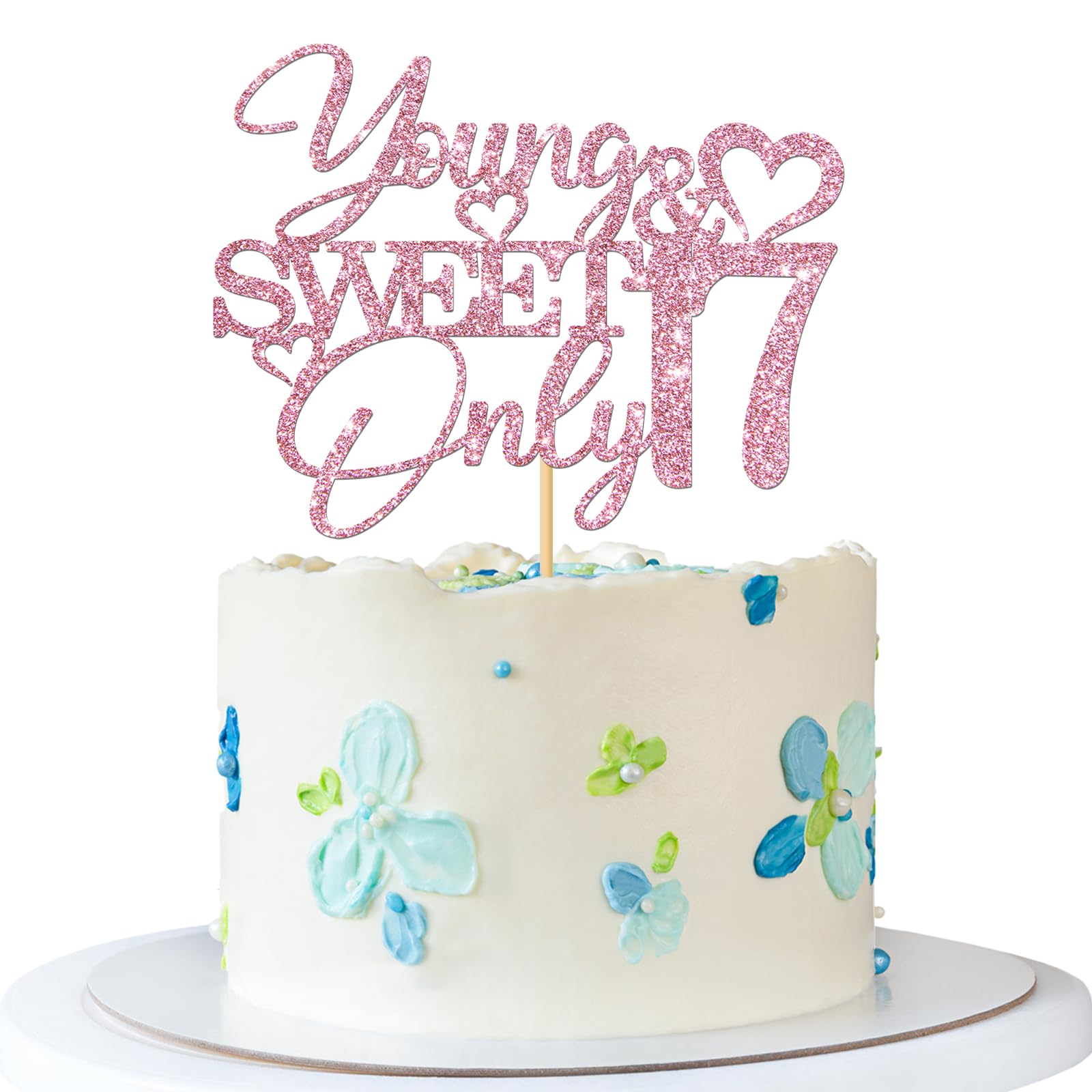 Photo 1 of Young & Sweet Only 17 Cake Topper - Girl 17th Birthday Party Cake Supplies - Girl 17 Years Birthday - 17th Bday Party Decoration - Pink Glitter