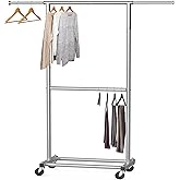 Simple Houseware Double Rod Clothing Rack on Wheels - Expandable Garment Rack for Hanging Clothes, Grey