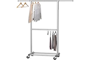 Simple Houseware Double Rod Clothing Rack on Wheels - Expandable Garment Rack for Hanging Clothes, Grey