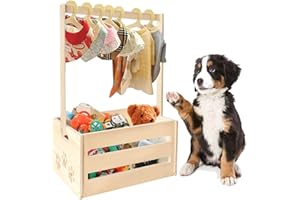MOSXOED 25" x 17" x 12" Wooden Pet Wardrobe Closet,Puppy Toy Basket with Hanging Rods,Pet Clothes Rack for Dog Organization and Storage,Wooden Crate for Dog/Cat Closet,Perfect for Toys Clothes and Accessories