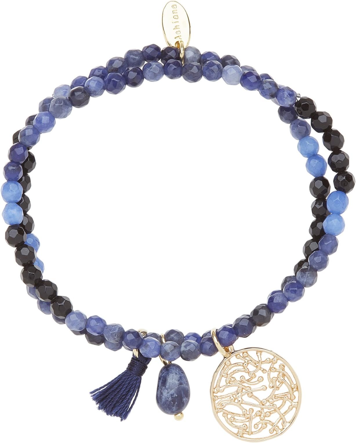 Ashiana Semi Precious Agate Beaded Elastic Bracelet Set with Charms - Navy Blue