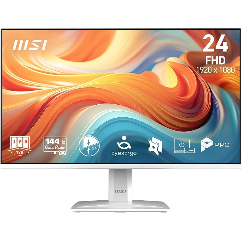 PRO MP243WA E14 24-Inch FHD Computer Monitor, 1920x1080 IPS, 144Hz, 1ms, HDR Ready, Adaptive Sync, Eye Care, Built-in Speaker, HDMI 1.4b, DP 1.2a, Frameless, Tilt Adjustable, Vesa Mount, White