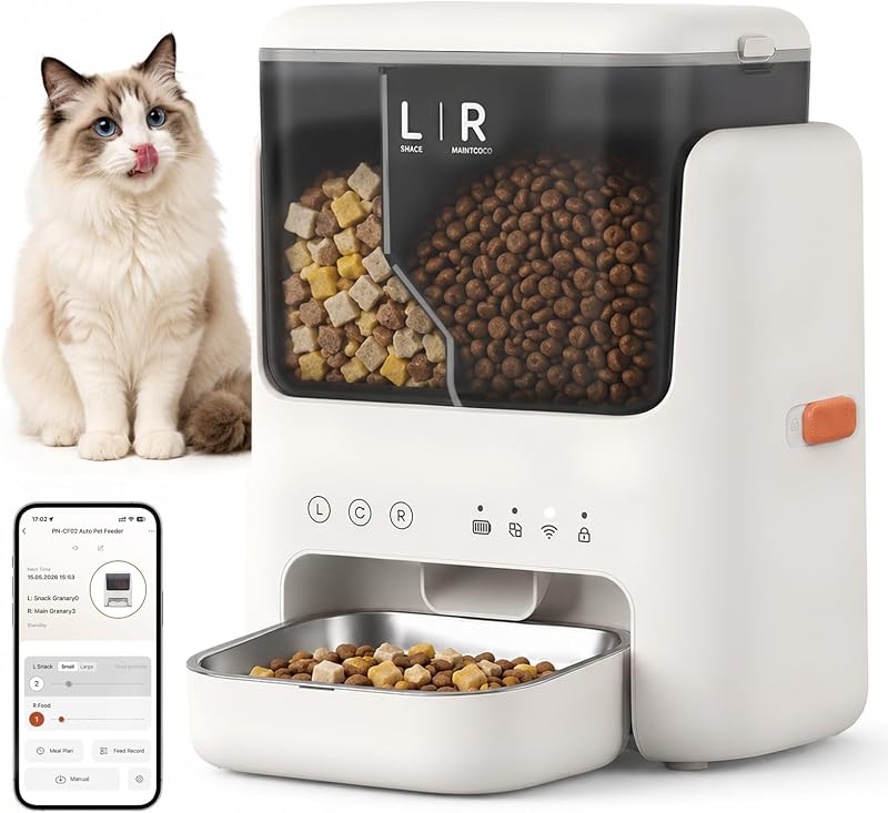 Alimentador Automático para Gatos, Comedero Inteligente para Mascotas con App, Capacidad 2L+3L, Dispensador de Pienso Seco, Temporizador, Registro y Cuenco Inoxidable