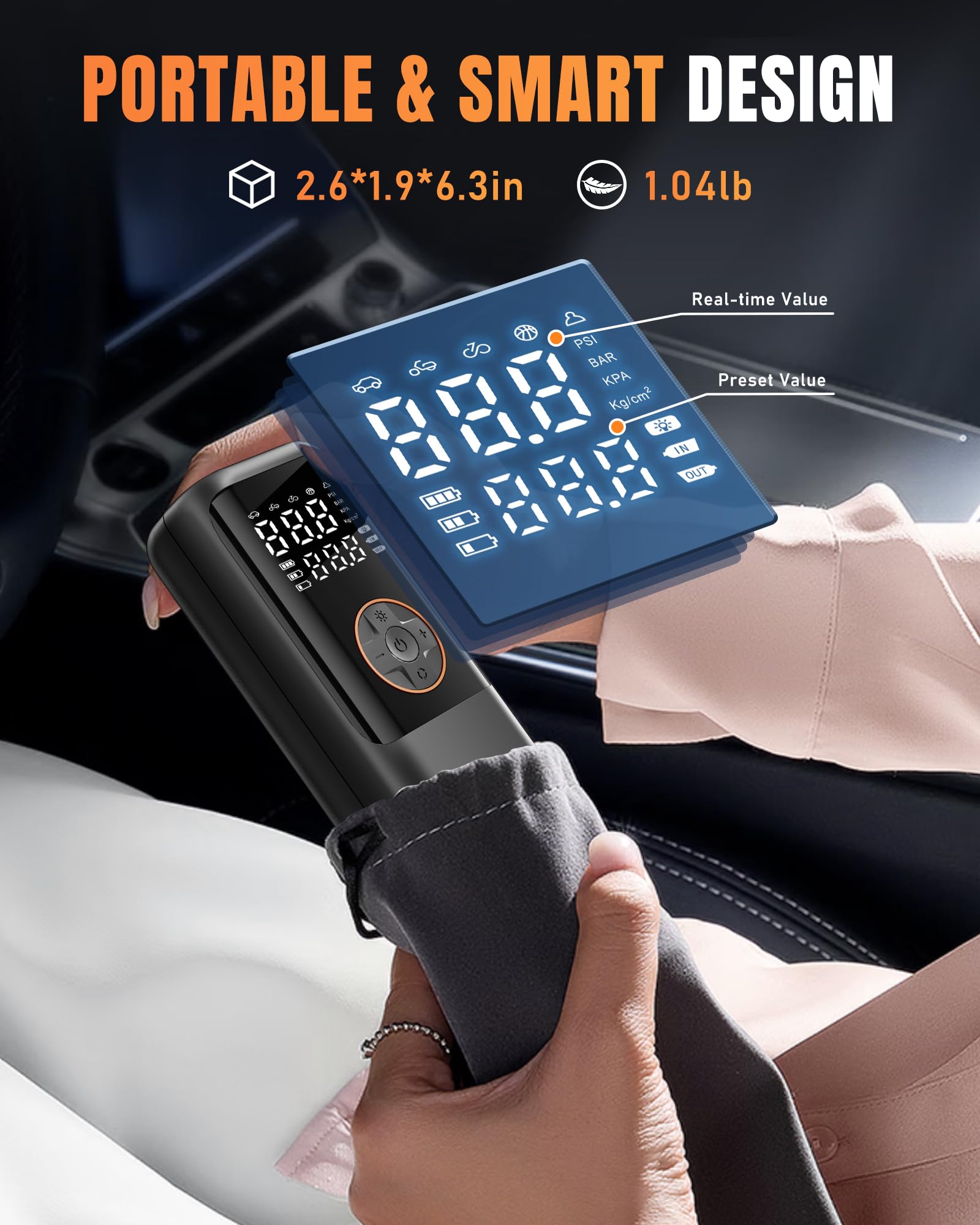 MAKELIFT Tire Inflator Portable Air Compressor, 150PSI Air Compressor for Car Tires, Cordless Bike Pump with Pressure Gauge & LED Light, Tire Pump for Cars, Motorcycles, Bikes, Balls