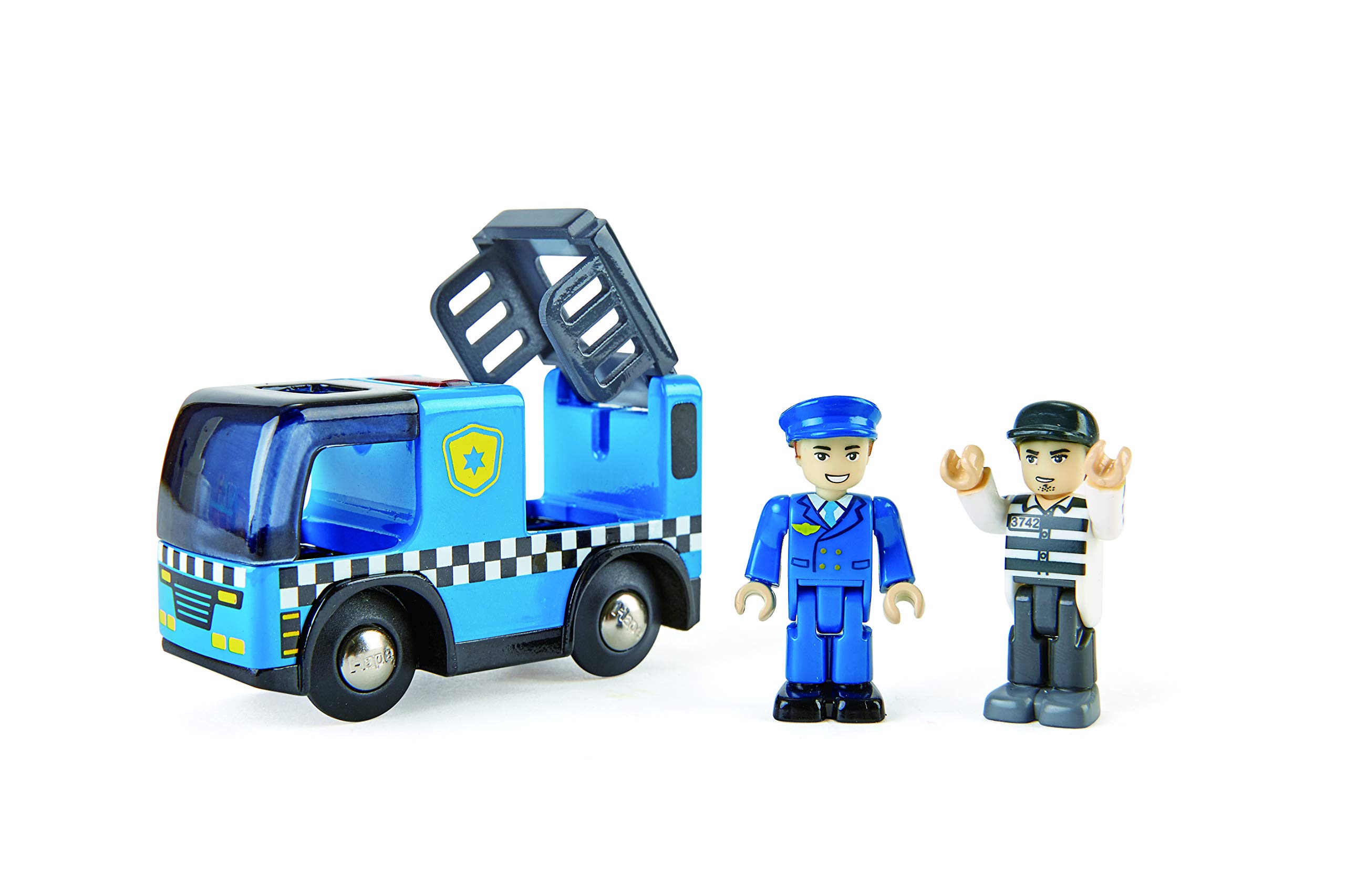 Hape E3738 Police Car with Siren - Compatible with Wooden Train Set - Track Accessories,Blue,9.4 x 3.56 x 5.08 cm; 15 Grams