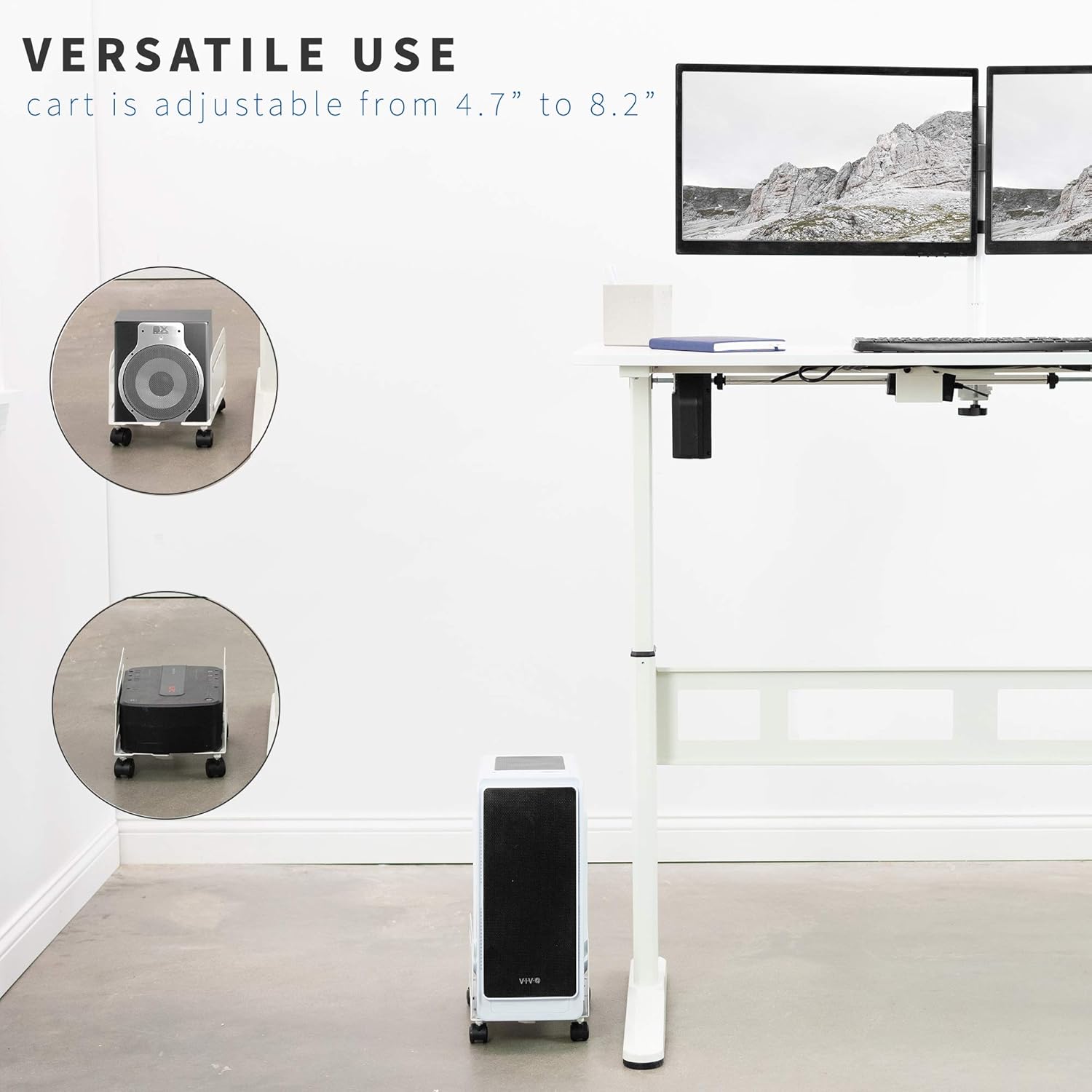 VIVO Computer Tower Desktop ATX-Case, CPU Steel Rolling Stand, Adjustable Mobile Cart Holder with Locking Caster Wheels, White (CART-PC01W) : Office Products