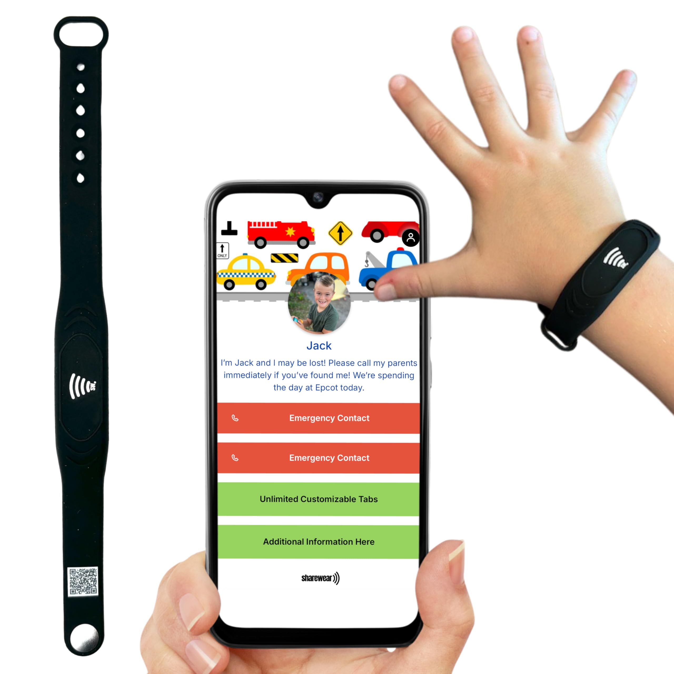 Photo 1 of Sharewear Smart Bands for Kids if Lost, Child Safety ID Wristband, NFC Bracelet for Children, Smart Medical ID Band, Lost ID Bracelet, Disney Essentials for Kids, QR Identification, Waterproof (Black)