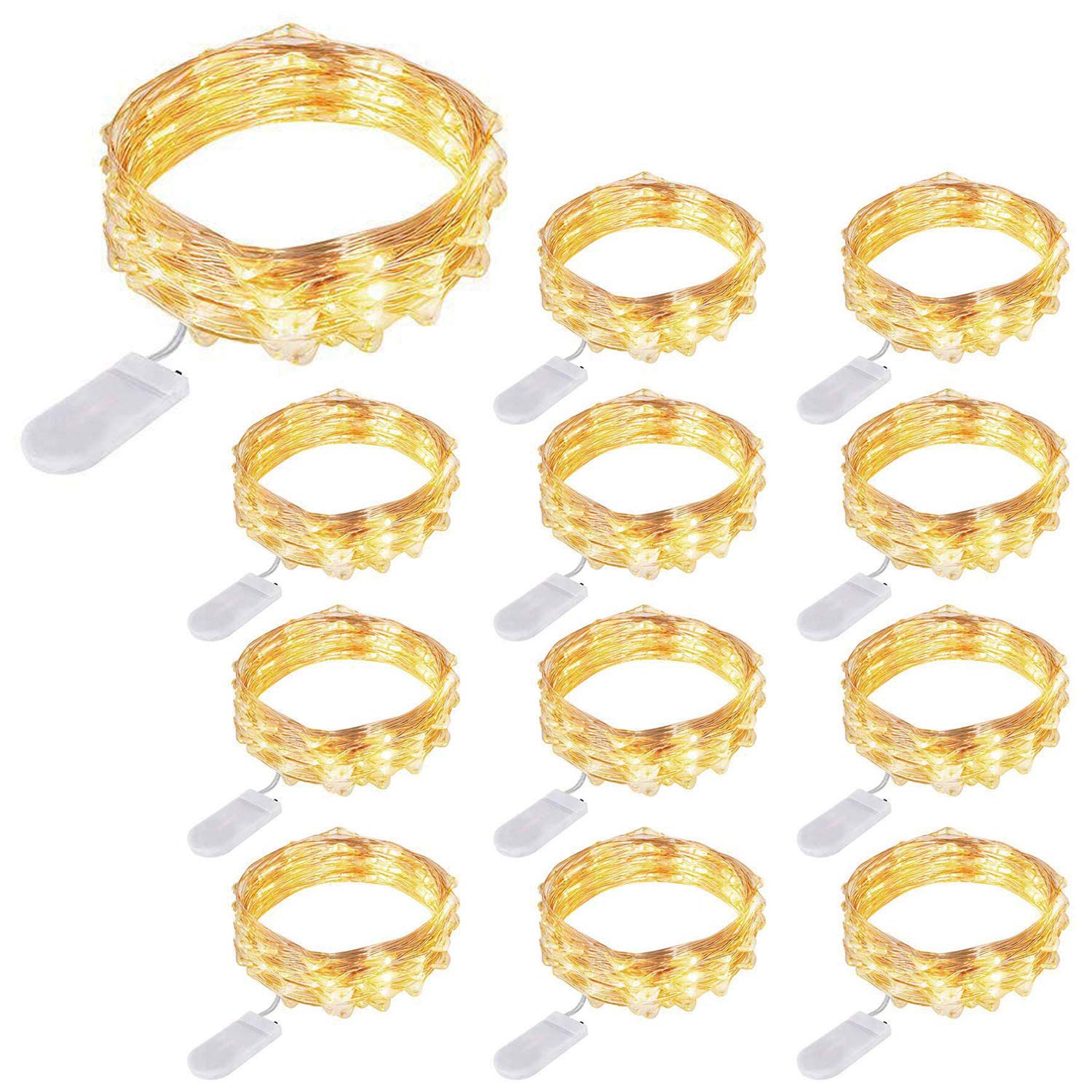 TIYUPA 12 PCS LED Fairy String Lights Battery Operated, 20 LEDs 6.5Ft/2M Micro Copper Wire Lights, Waterproof Christmas Starry Decor Rope Lamps for DIY Wedding Party Festival Decorations (Warm White)