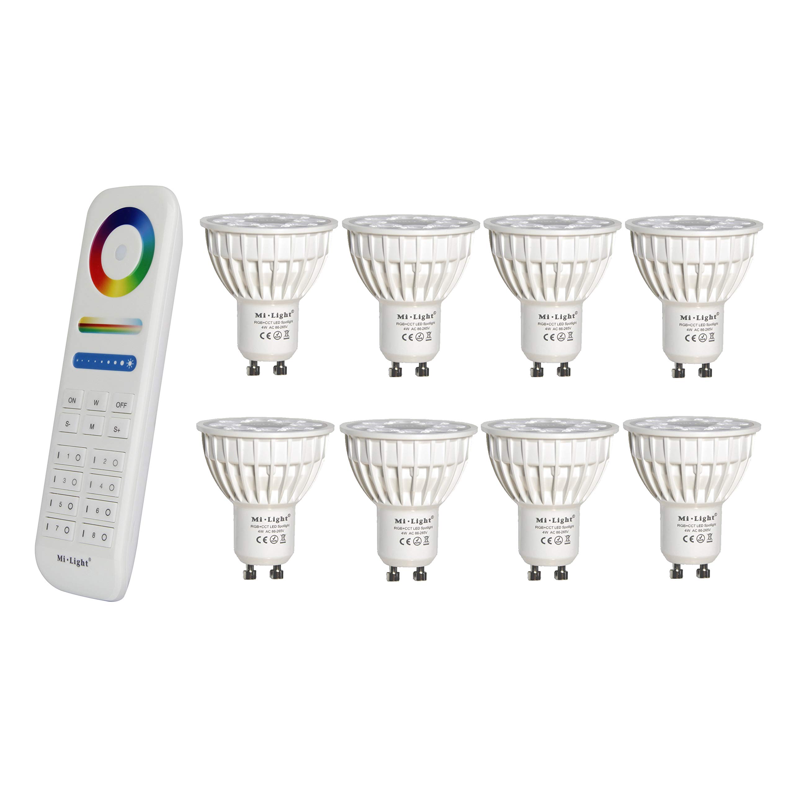 lighteu®, 8X 4W GU10 RGB+CCT LED Spotlight Color Changing and CCT WW CW Temperature Adjustable, Original Mi-Light, Bulb with a 8-Zone Remote (8X FUT103+FUT089)