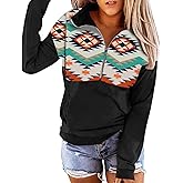 LEMAFER Women's 2024 Casual Aztec Cow Print Zipper Collar Pullover Sweatshirt Western Cowgirl Ethnic Style Hoodies
