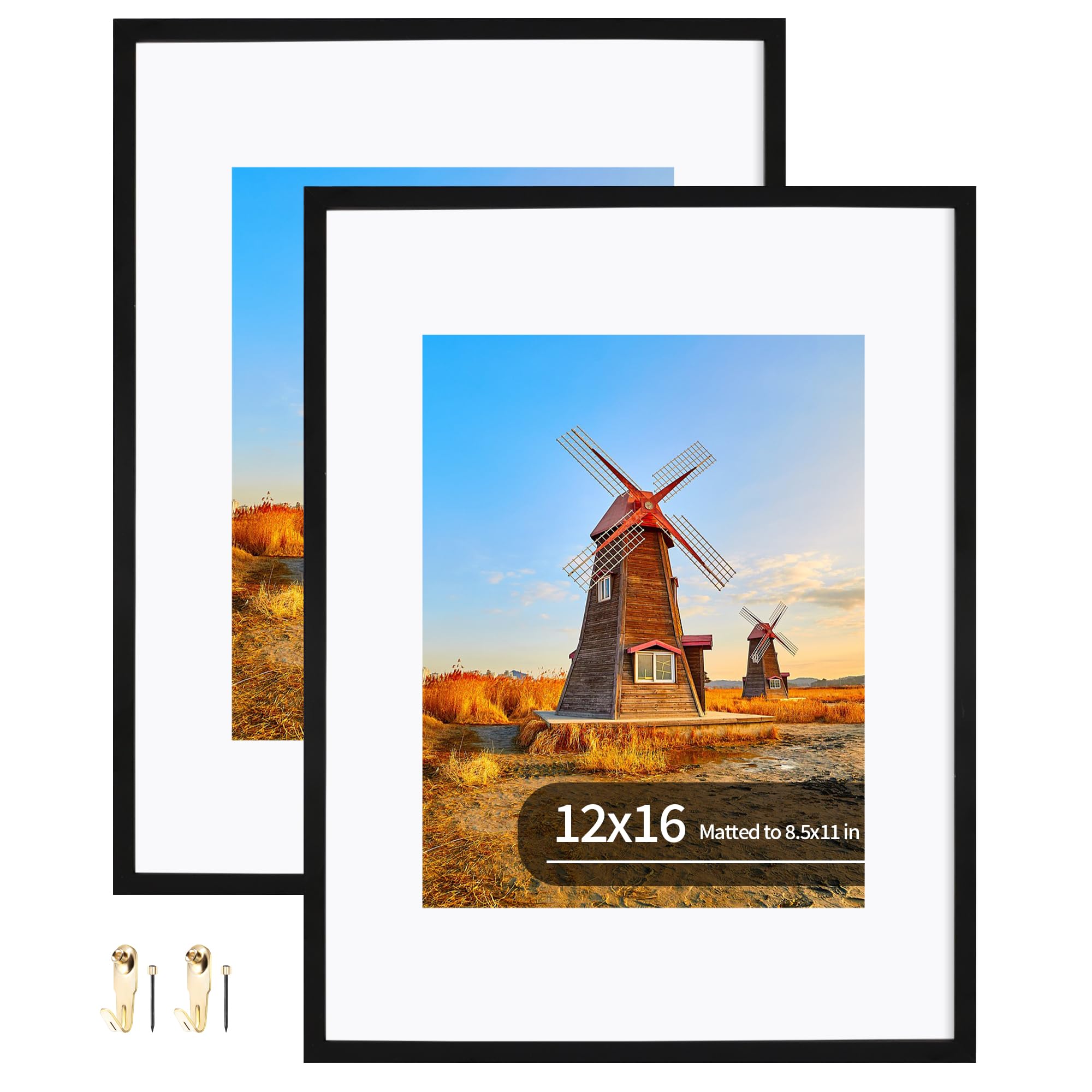 Photo 1 of Hongkee 12x16 Metal Picture Frame Set of 2, 12 x 16 Aluminum Photo Frames with 8.5x11 Mat - Sawtooth Hangers, Spring Clips for Wall Mounting Horizontal and Vertical(Black)