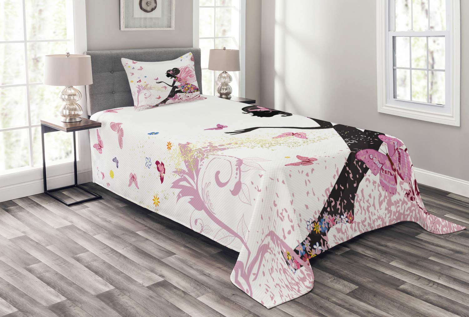 ABAKUHAUS Butterfly Bedspread Set, Fantasy Garden, Decorative Quilted 2 Piece Coverlet Set with Pillow Sham, Pink Black