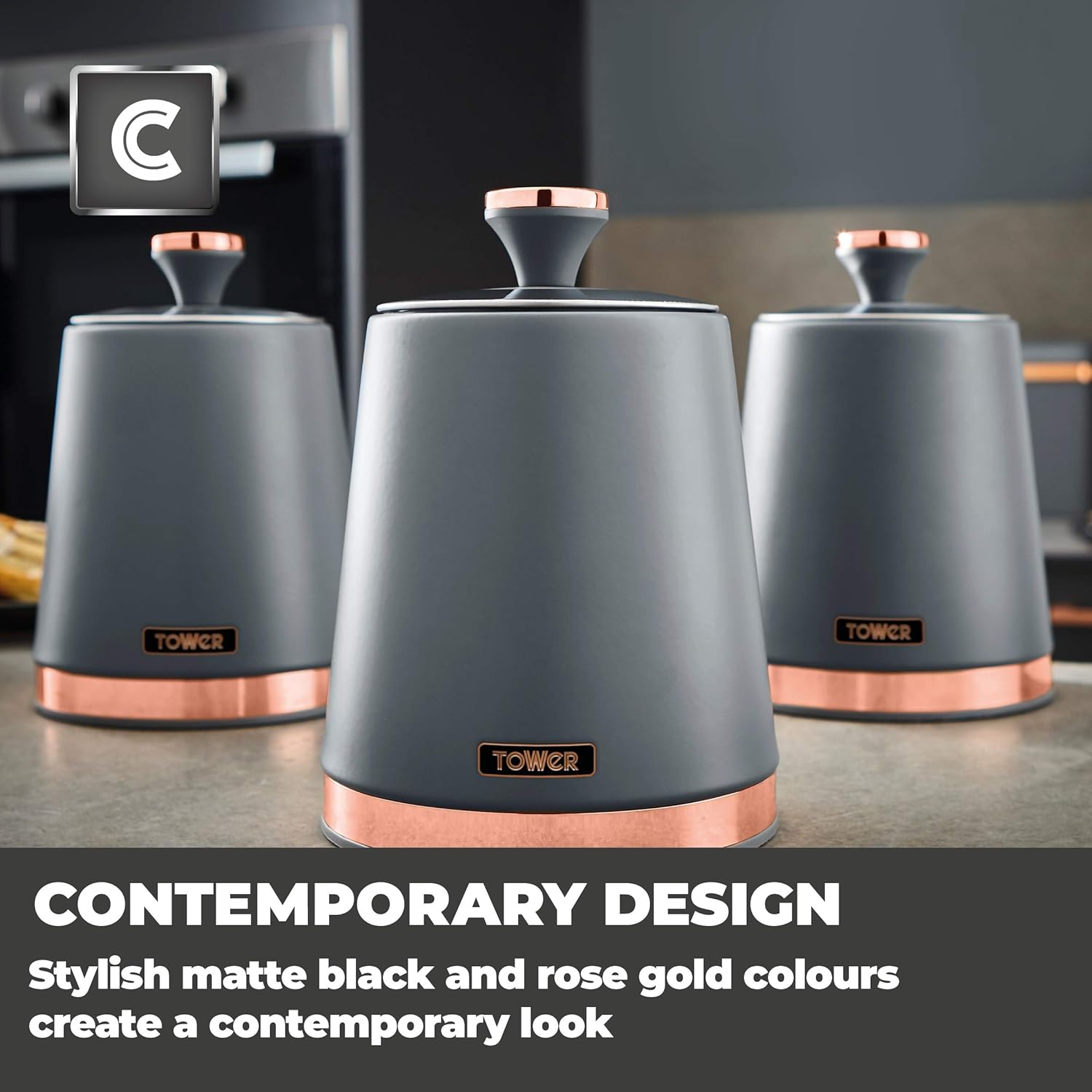 Tower T826131GRY Cavaletto Set of 3 Storage Canisters for Tea/Coffee/Sugar, Steel, Grey and Rose Gold, Canister Set - Image 5