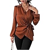 SweatyRocks Women's Wrap Satin Blouse Tie Knot Bishop Long Sleeve Elegant Business Work Shirts