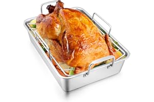 Roasting Pan with Rack for Turkey Chicken, Joyfair Stainless Steel Roaster Pan and V-rack for Toaster Oven, Rectangular Bakeware with Sturdy Handles, Heavy Duty & Dishwasher Safe (Small)