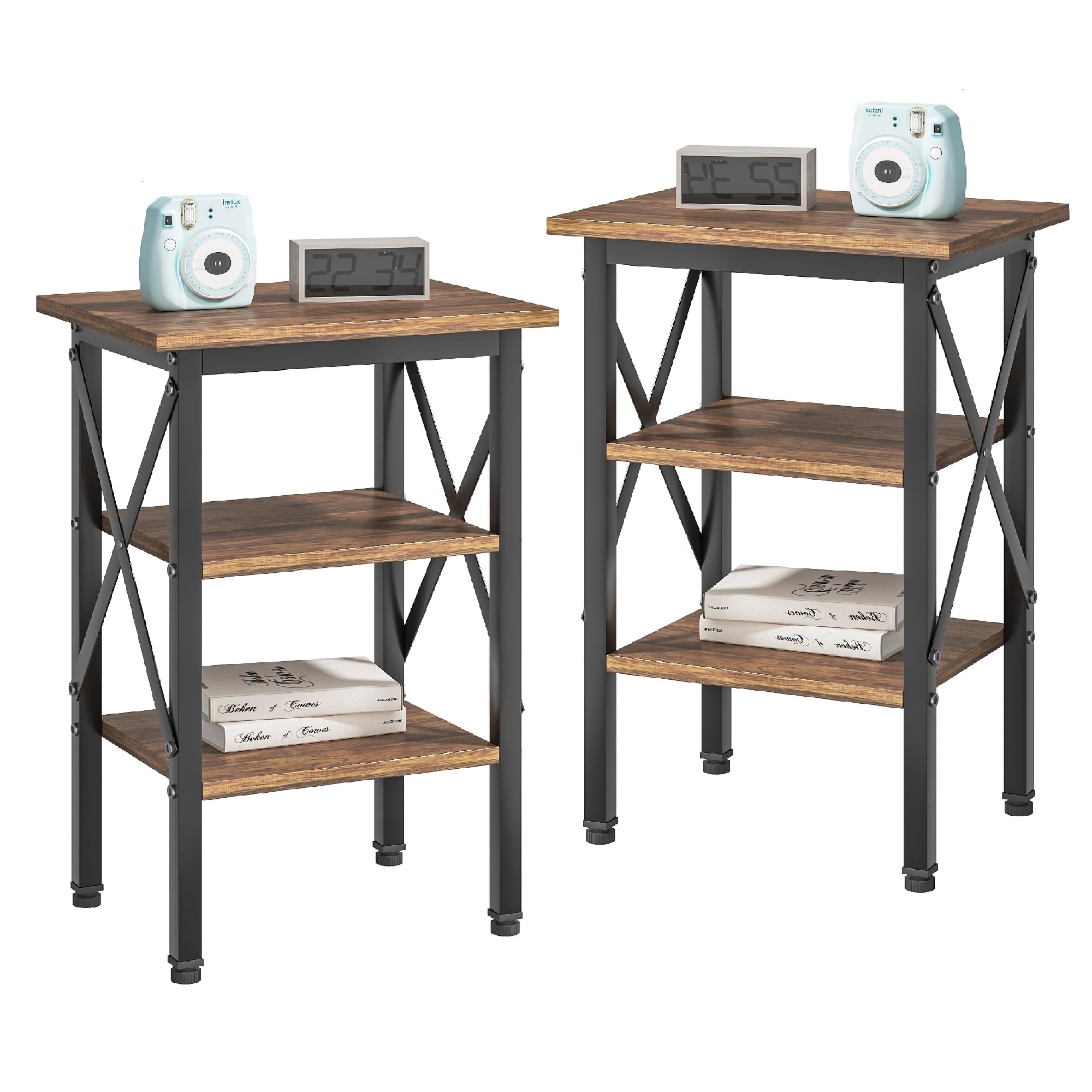 VECELO End Table Set of 2, Bedside Table, 24" Tall Living Room End Tables, X-Design Reinforced Nightstands, Side Table with 3-Tier Storage Shelves for Small Spaces, Office, Bedroom, Rustic Brown Image VECELO End Table Set of 2, Bedside Table, 24" Tall Living Room End Tables, X-Design Reinforced Nightstands, Side Table with 3-Tier Storage Shelves for Small Spaces, Office, Bedroom, Rustic Brown Image