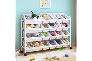 EXPERLAM Kids Toy Storage Organizer with 20 Plastic Bins, 4-Tier Metal Toy Storage Rack, Extra Large Toy Organizer and Storage Bins for Kids Room, Playroom and Nursery, White, JSSNJ1-1_XM