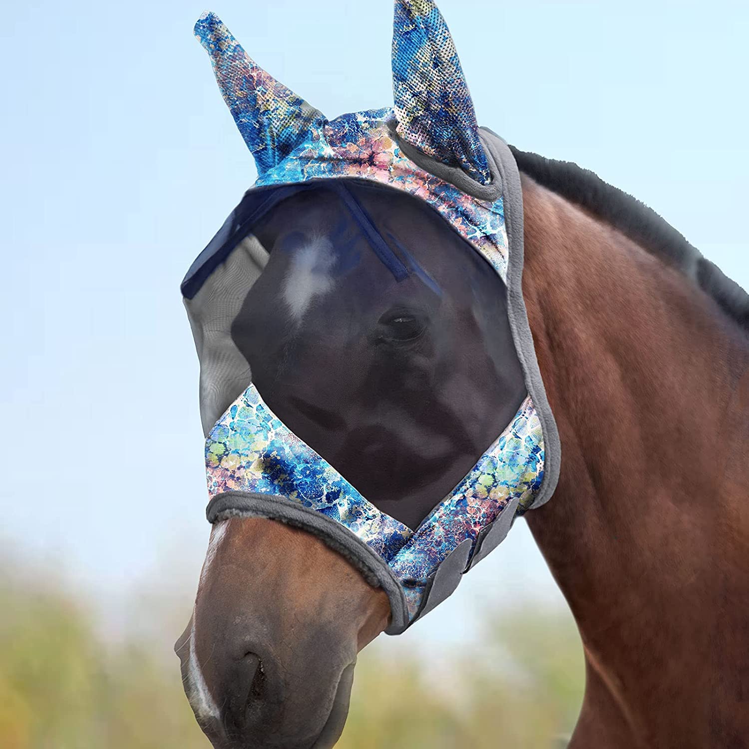 Harrison Howard LumiVista Horse Fly Mask Standard with Ears UV Protection for Horse-Pastel Mix (M; Cob)
