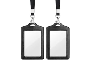 Teskyer 2 Pack Double Sided Clear Badge Holder with Lanyard, PU Leather ID Badge Name Card Holder with Stainless Steel J-Hook Nylon Lanyard for Work, School, Metro, Access, Black