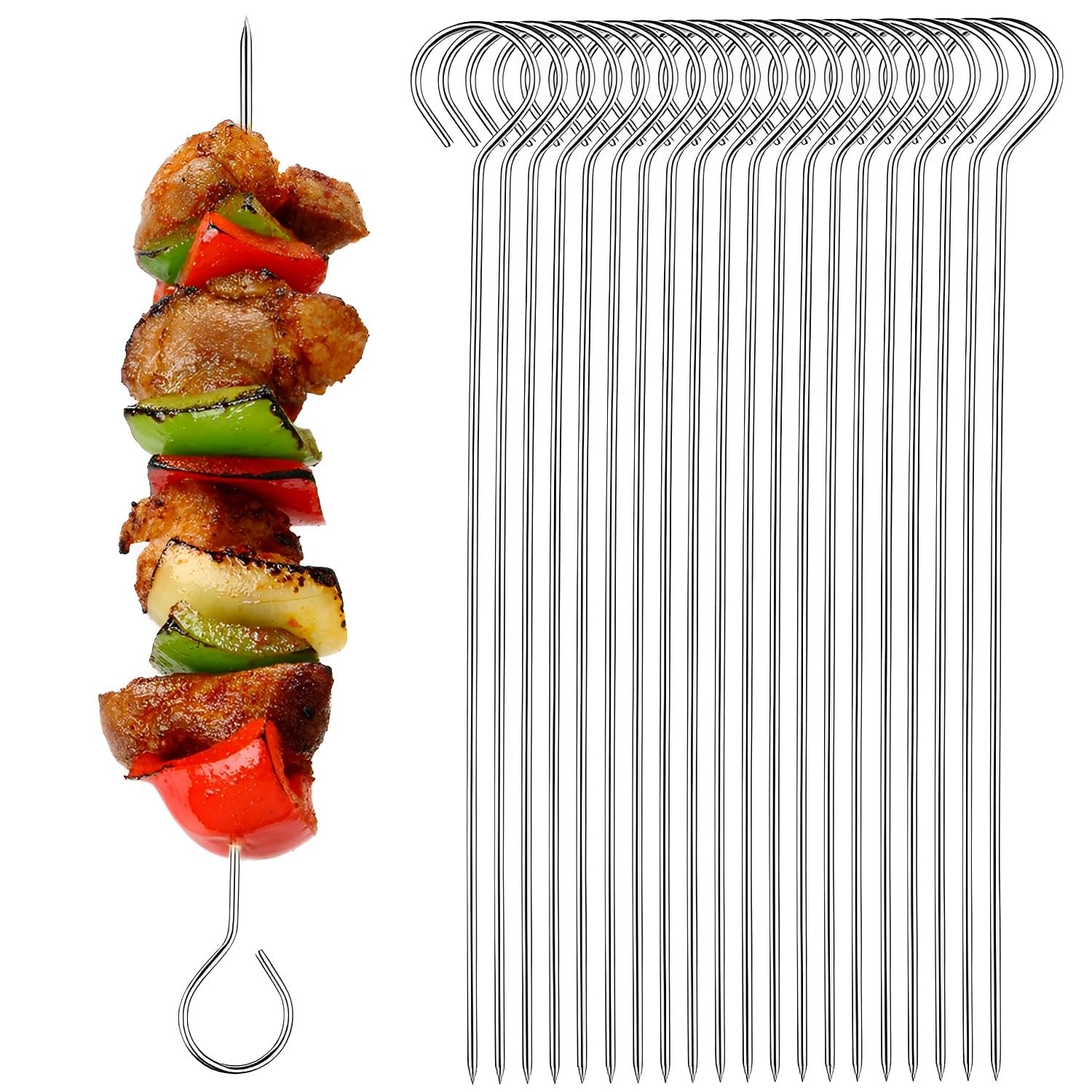 KOMUNJ Pack of 20 Stainless Steel Kebab Skewers, Roller Needles, Meat Needles, Metal Skewers, Cocktail Skewers for Trussing Turkey and Poultry, 15 cm