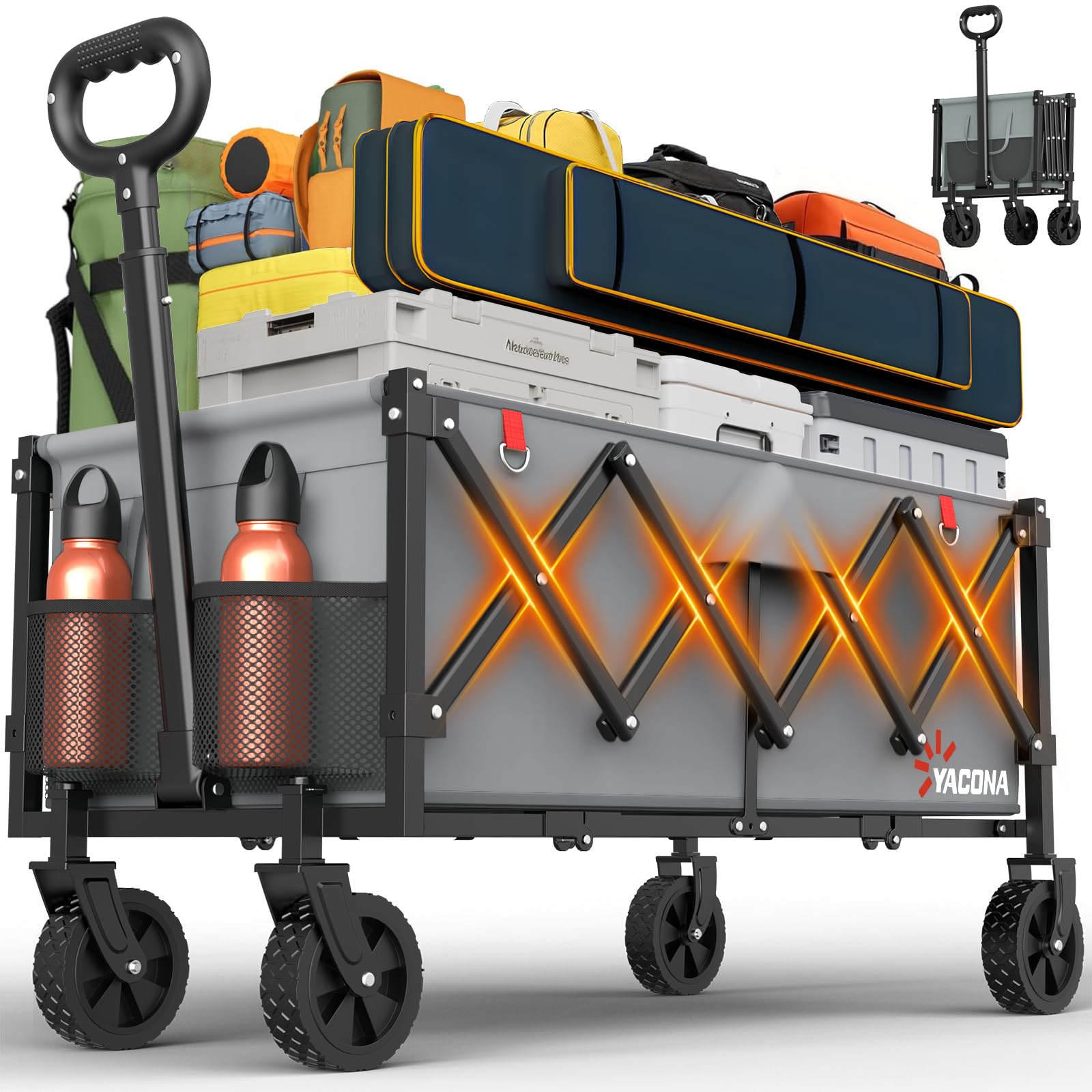 Photo 1 of 35" L Extra Long Wagons Carts Foldable, 360LBS Heavy Duty Collapsible Wagon with Wheels, Folding Wagon Portable Utility Cart for Groceries, Shopping, Camping, Sports