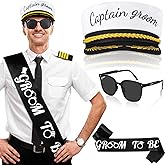 JaGely 3 Pcs Captain Bachelor Party Accessories for Groom Set Include Groom Hat Sunglasses Sash for Bridal Shower