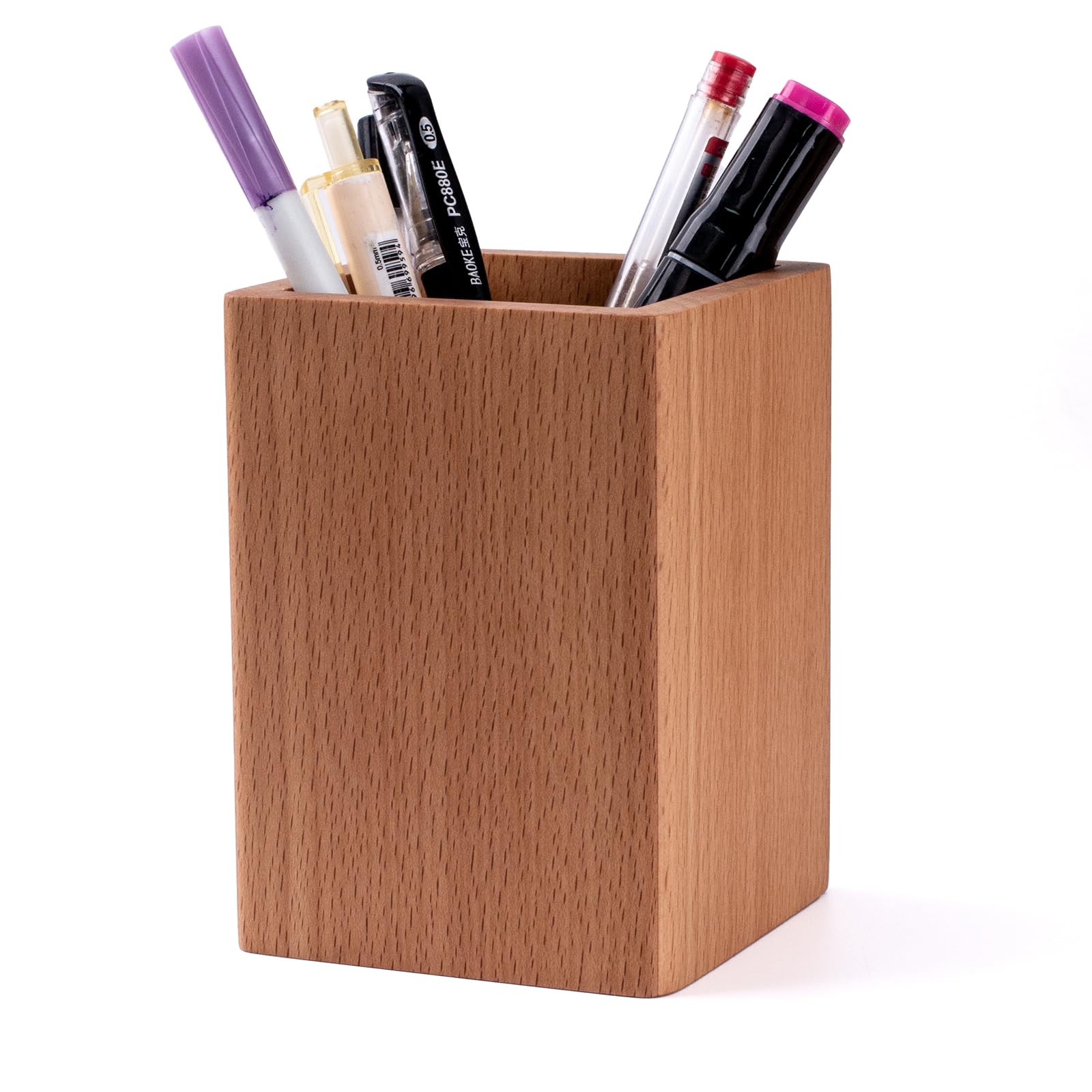 IRIVER BLANK Walnut Pencil Pen Holders Holder Stand for Desk Geometric Pencil Cup Pot Cute Desktop Office Supplies, Makeup Brushes Organizer (Beech wood)