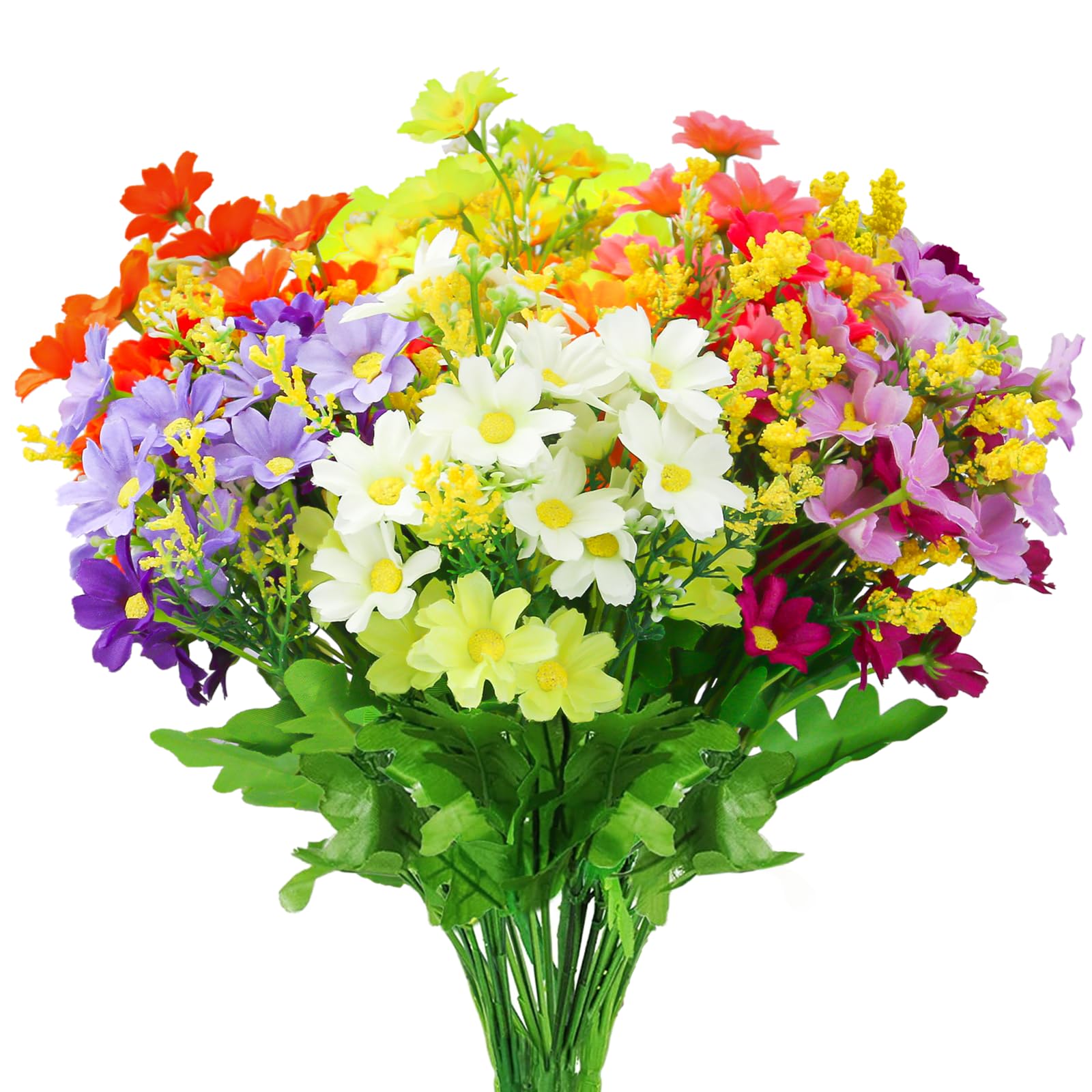 OWLKELA Artificial Silk Daisy Flowers - 6 Bundles in 6 Colors for Outdoor and Indoor, Decorative UV Resistant Faux Plastic in Vase for Graves and Garden