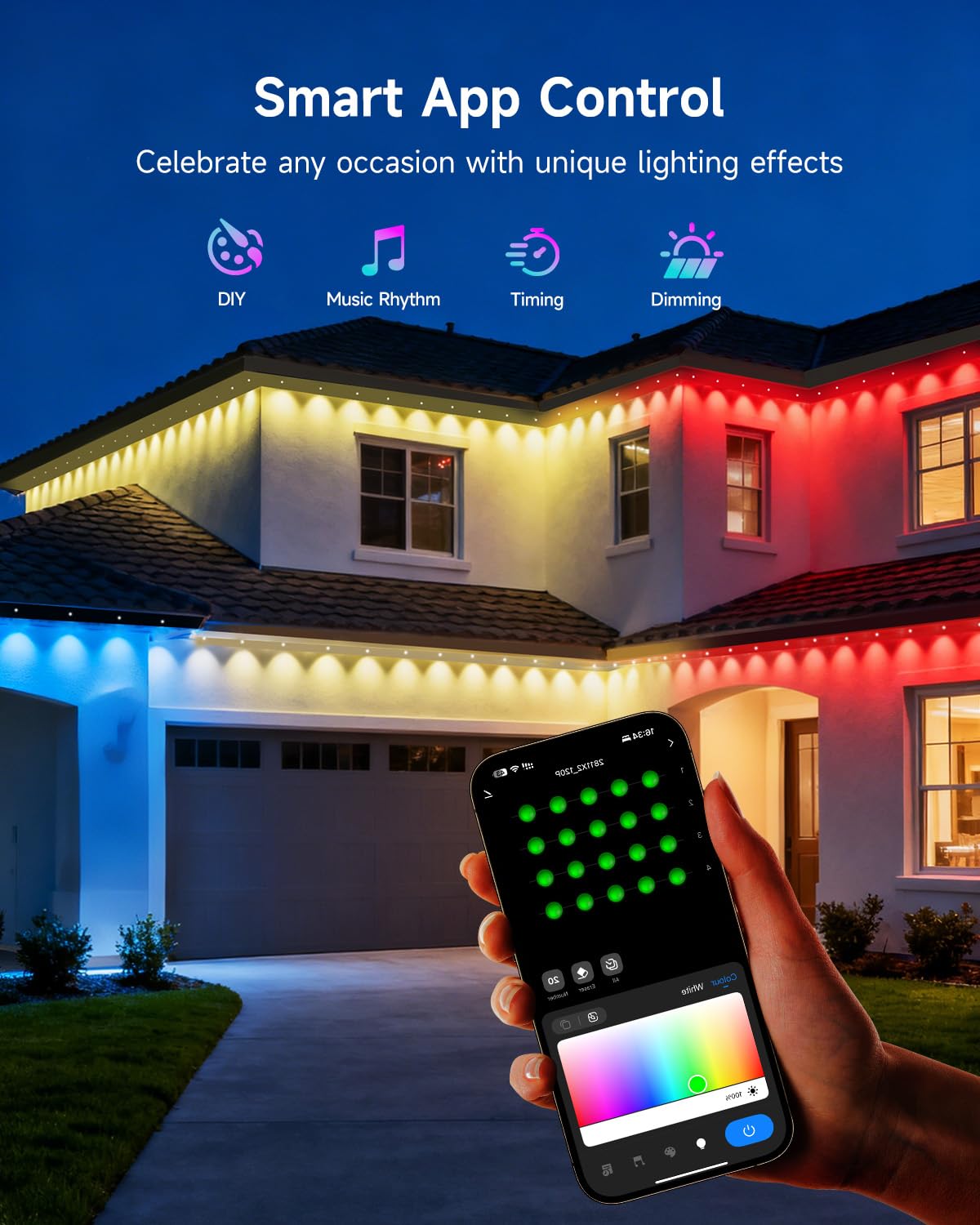 RUISUN Permanente Außenbeleuchte Lights RGBICW 2700-6000K LED Lichterketten Outdoor IP67 Wasserdichte mit App Steuerung für Weihnachtsdekoration Gartenpartys und tägliche Beleuchtung(Weiße 50FT) 4