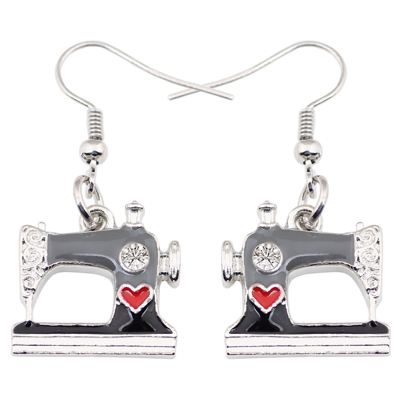 WEVENI Enamel Alloy Crystal Sewing Machine Earrings Dangle Drop Unique Jewelry Dainty Gift For Women Girls Ladies (Black)