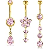 MODRSA Dangle Belly Button Ring Dangling Silver Gold Dangly Belly Piercing Jewelry Hypoallergenic Surgical Steel Butterfly Flower Navel Rings for Women Clicker Navel Piercings Pink