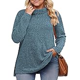 VISLILY Womens-Plus-Size-Tops Trendy Turtleneck Lightweight Sweaters Casual Long Sleeve Shirts Dressy Side Split Tunics 1X-5X