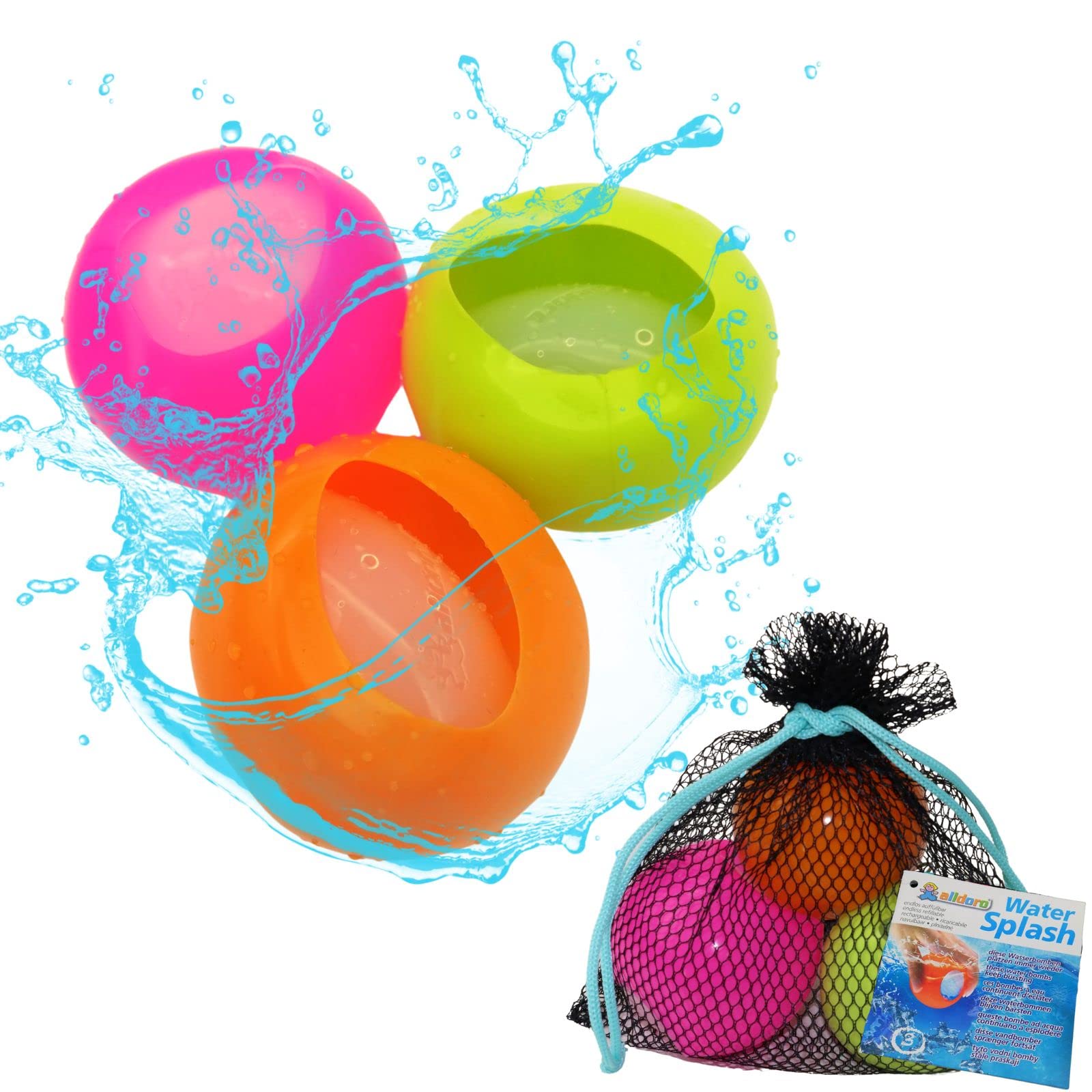 alldoro 63037 - Water Splash Set of 3 Water Bombs Diameter 6 cm, Water Balloons Reusable & Self-Closing, Water Balloon for Garden and Beach, Children from 3 Years & Adults, Orange/Green/Pink