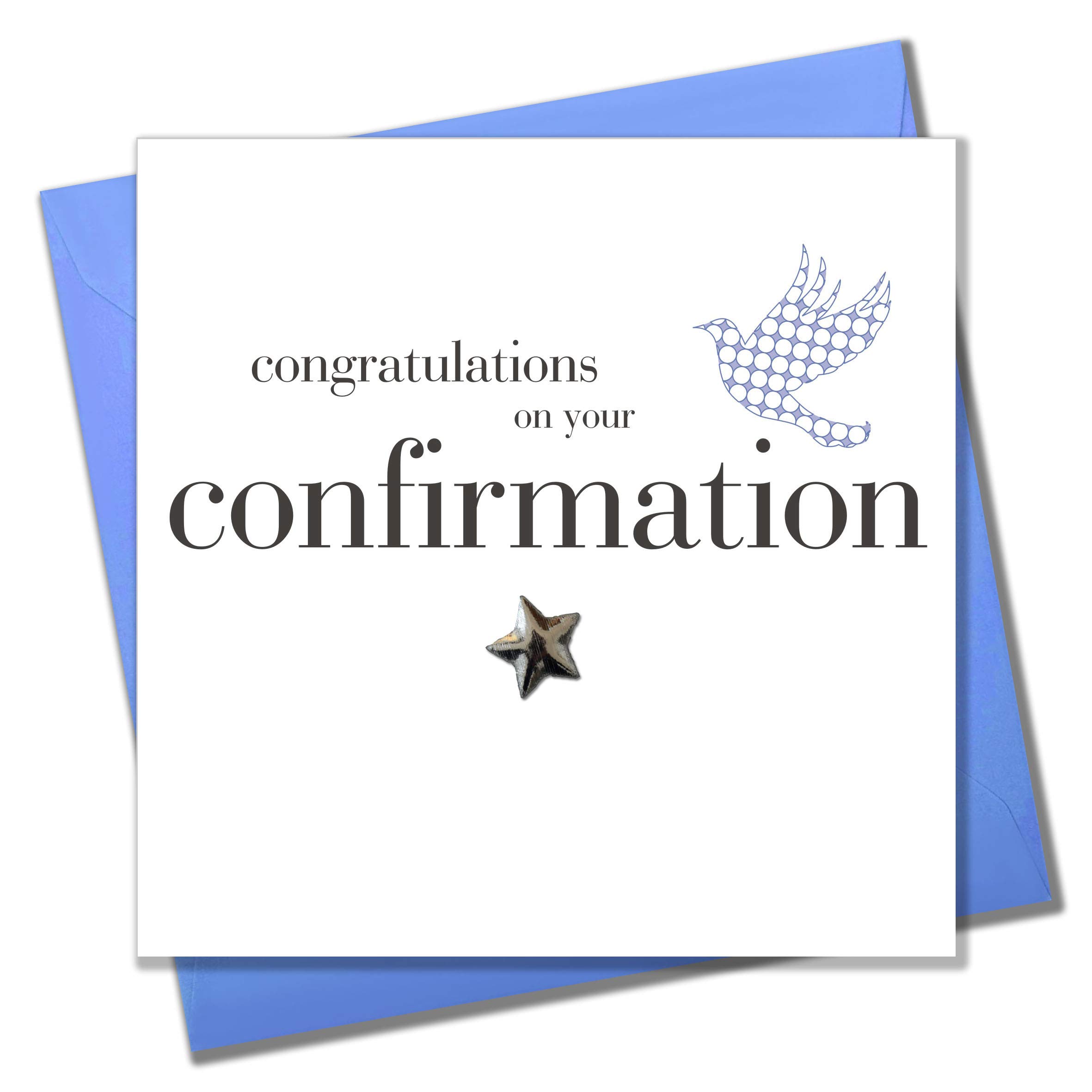 Claire Giles Greeting Cards, Confirmation Congratulations Card, Blue Dove design Religious Greeting Card, Embellished with a padded star