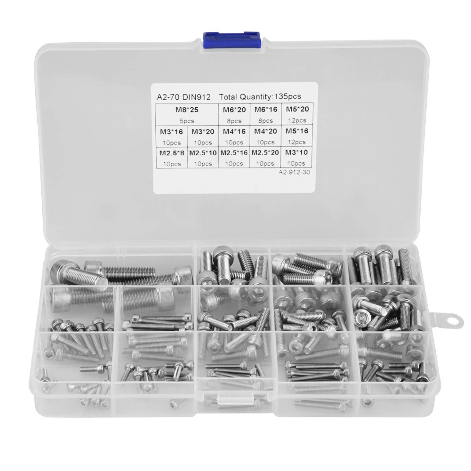 135Pcs Nuts and Bolts Set, M2 M2.5 M3 M4 M5 M6 M8 Stainless Steel Flat Hex Head Screws Bolts Nuts and Flat Gasket Spring Washers Assortment Set with Storage Box For DIY Bike Motorcycles Repair