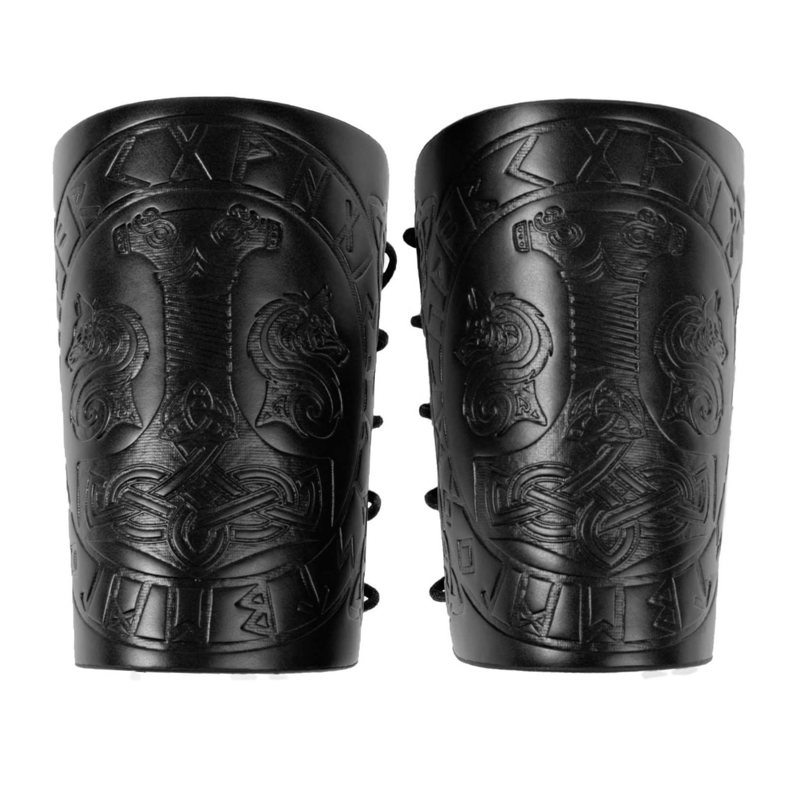 Thajaling 2 Pieces Viking Bracers, Mjolnir Embossed Arm Guards, Handcrafted Leather Armguards, Medieval Gauntlet Wristband, Vintage Dragonweave Bracers for Men (Black)