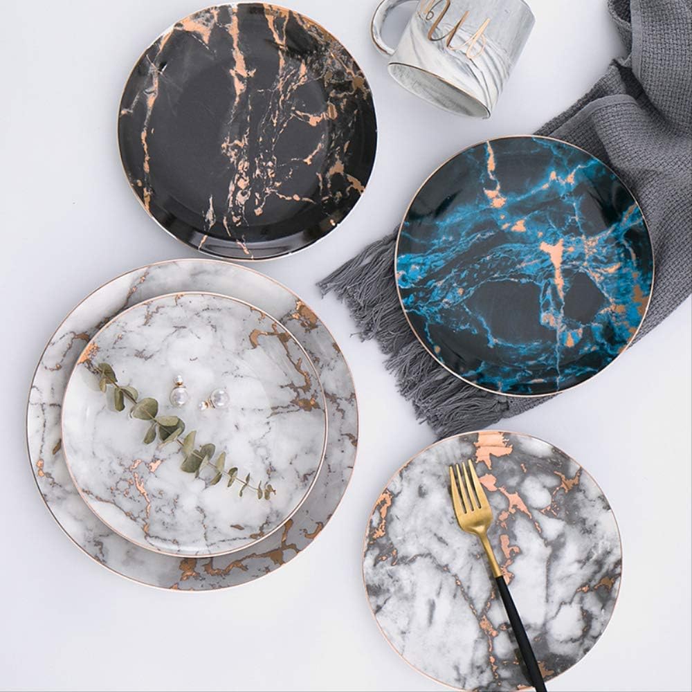 European Style Marble Plates Ceramic Dinner Set Gold Inlay Porcelain Dessert Plate Steak Salad Snack Cake Plates Tableware Random Colors 1pc