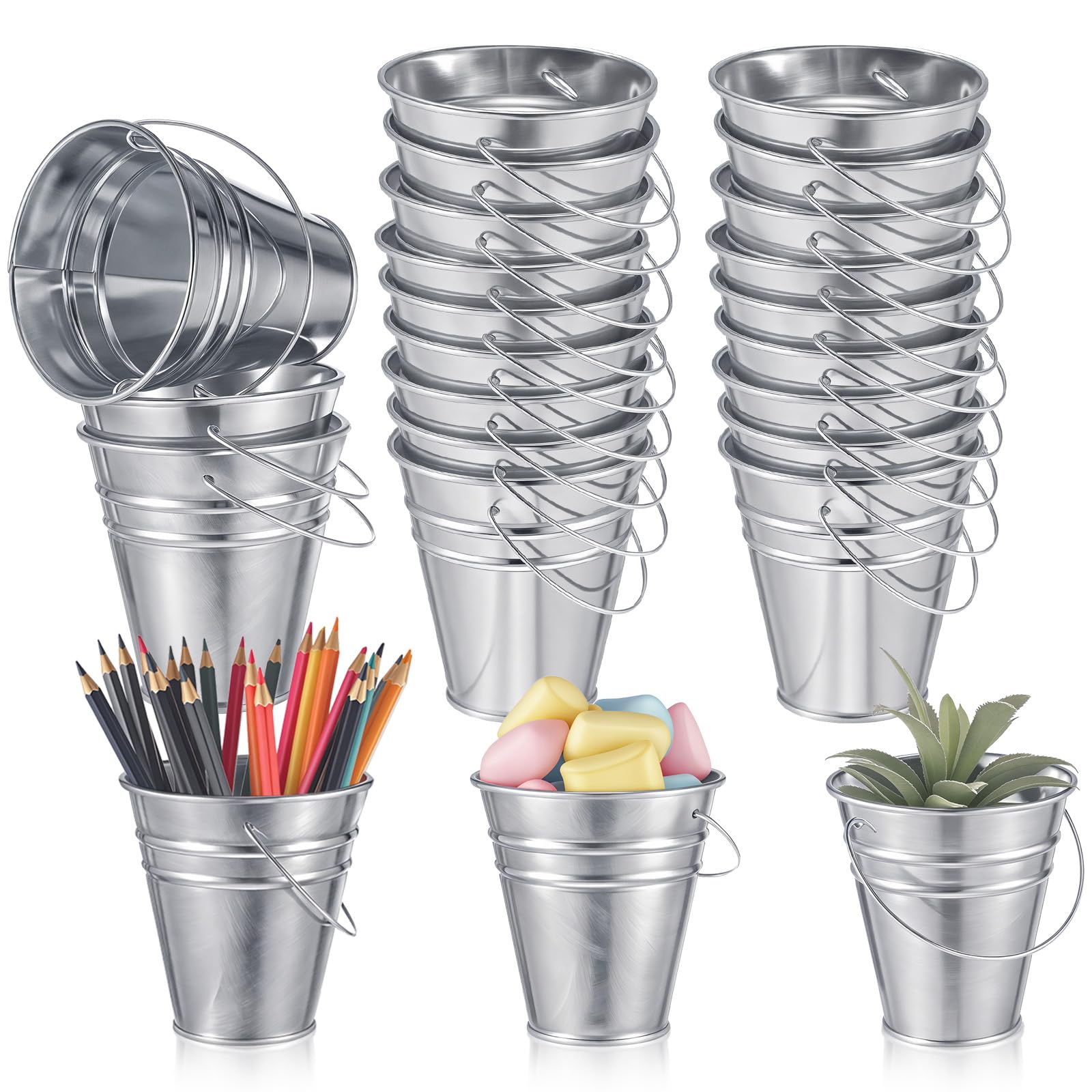 Photo 1 of Sadnyy 24 Pcs 3.5in Small Metal Buckets with Handle, Mini Metal Pail Tin Galvanized Pail Container for Trick or Treat Flower Plant Craft Halloween Party Favors Garden Home Decoration (Silver)