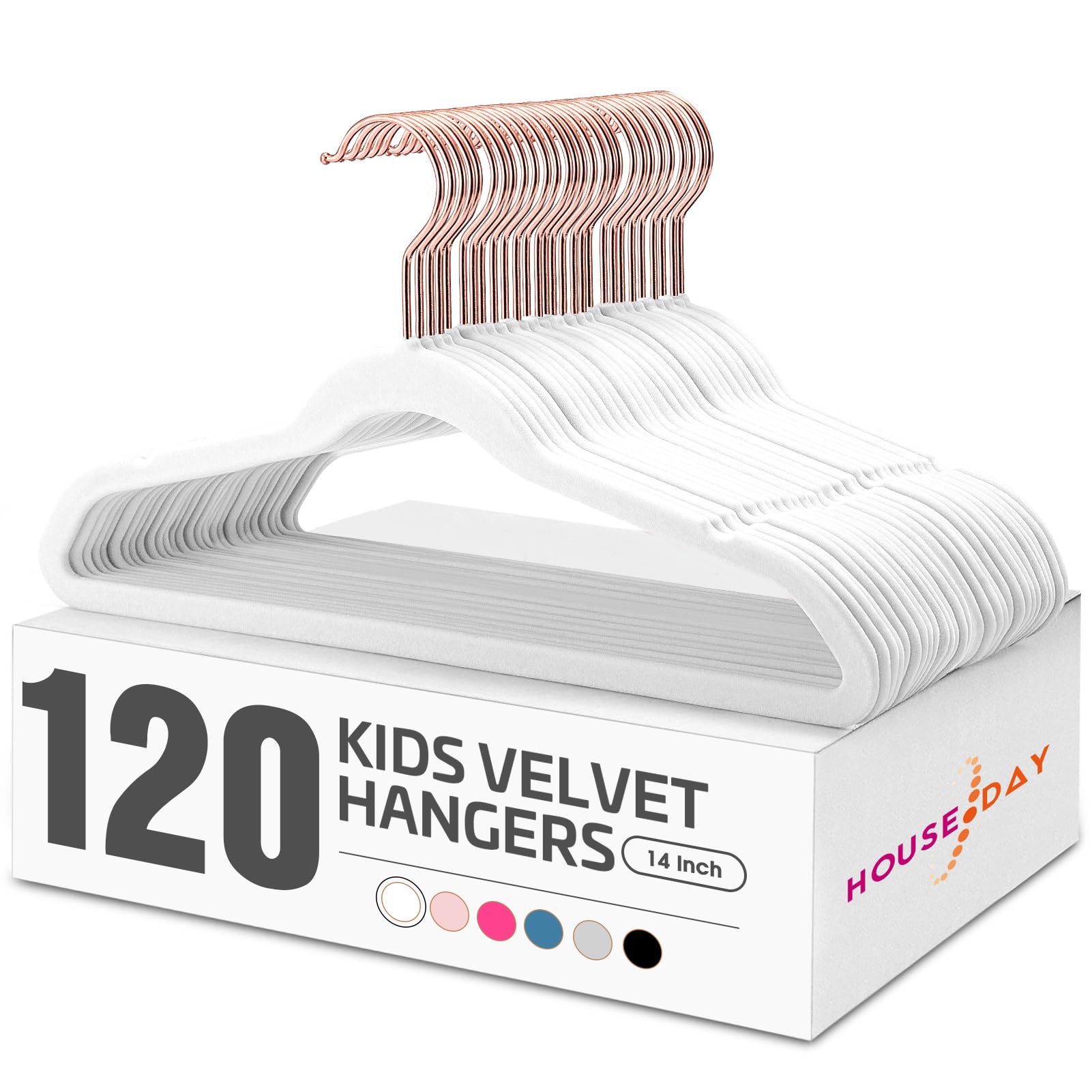HOUSE DAY Velvet Kids Hangers 120 Pack, Premium Children Hangers for Closet, Ultra Thin Cute Kids Clothes Hanger, Small Non Slip Felt Hanger 14 Inch for Toddler Clothes, White Image