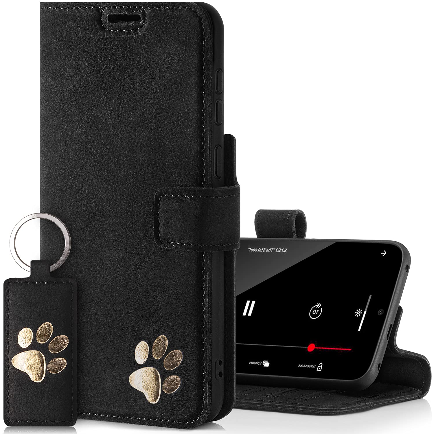 SURAZO Prestige Leather Case for Apple iPhone 13 Pro Max - RFID Wallet Flip Cover with 3 Card Slots & Cash Pocket - Secure Magnetic Closure & Kickstand - Real Leather Folio Bumper (Black & Paw) — image 1